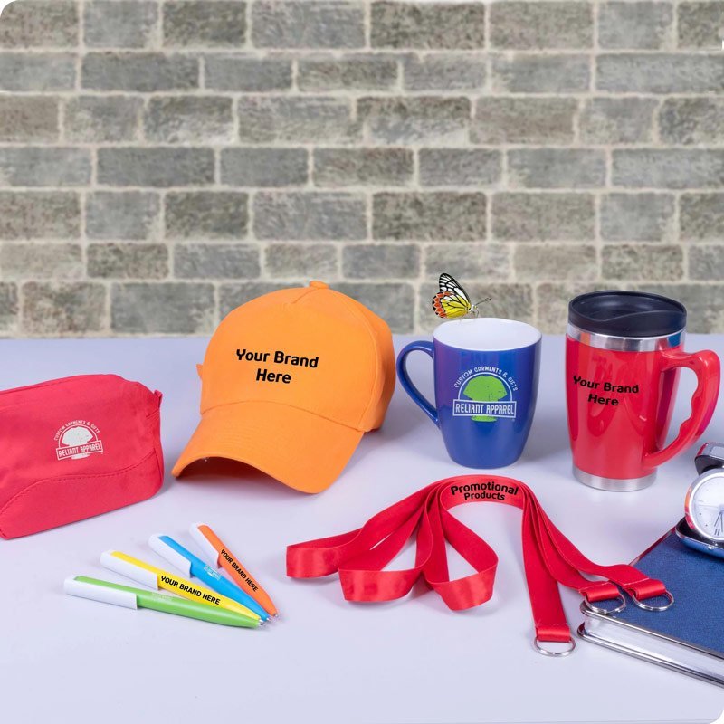 Branded caps, mugs, pens, lanyards and bags printed with company logos