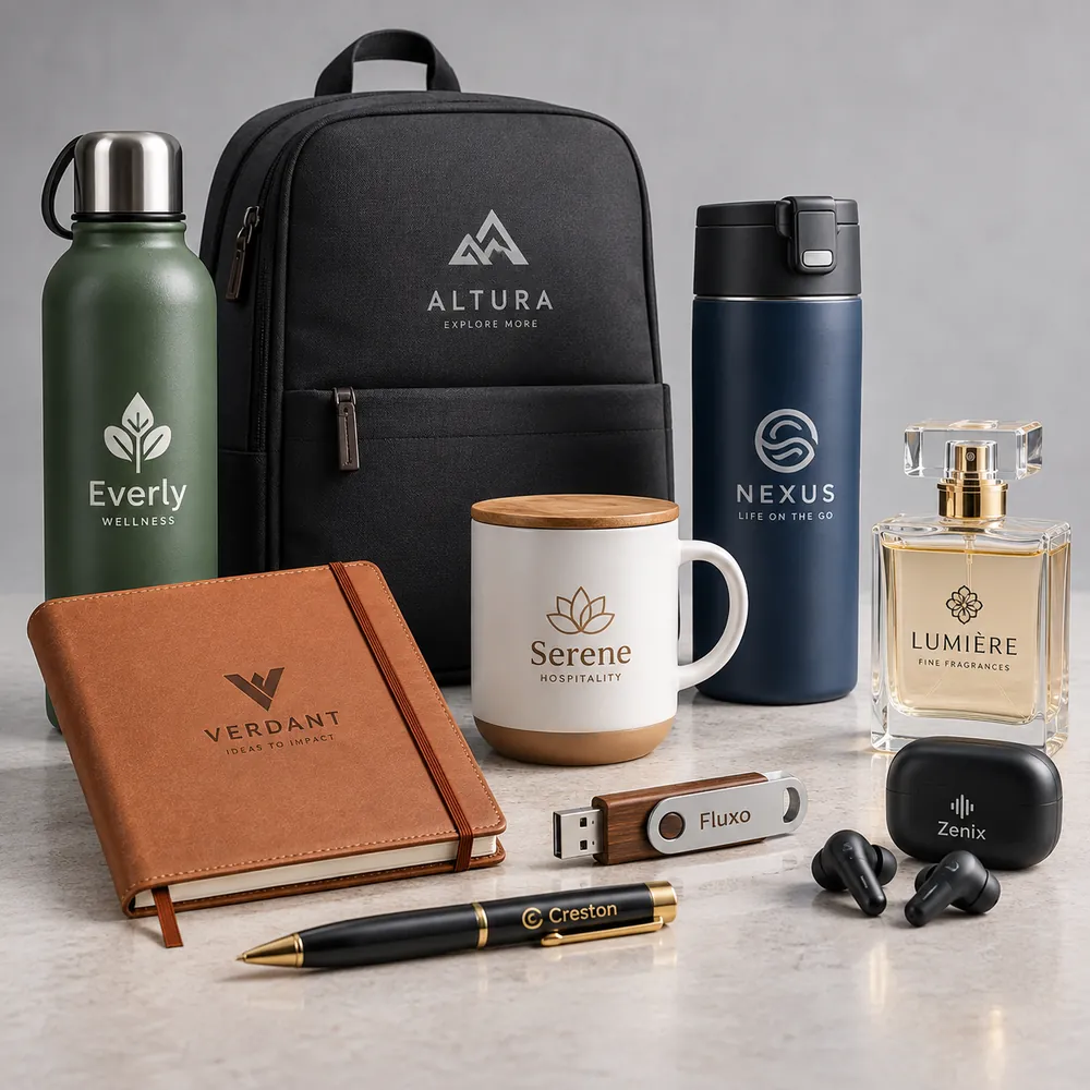 Branded water bottles, backpack, mug, notebook, perfume bottle, pen, USB drive and earbuds case, each printed with a logo