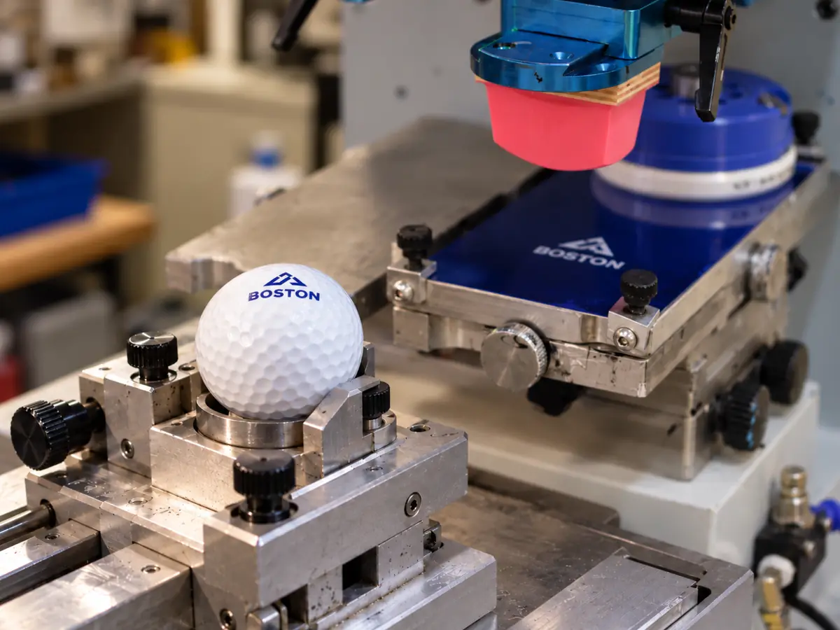Pad printing machine with its silicone pad above a golf ball printed with a blue logo