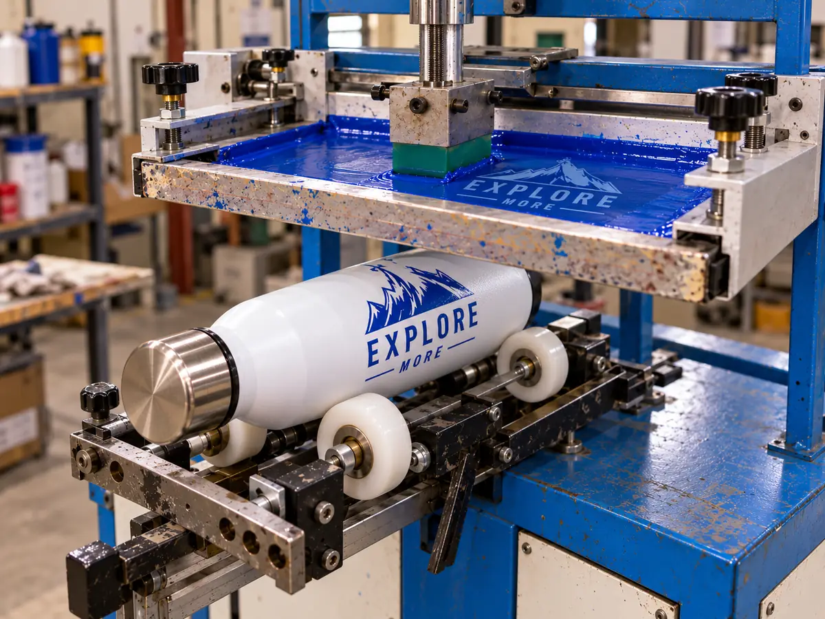Round printing machine printing a blue logo all the way around a white steel bottle