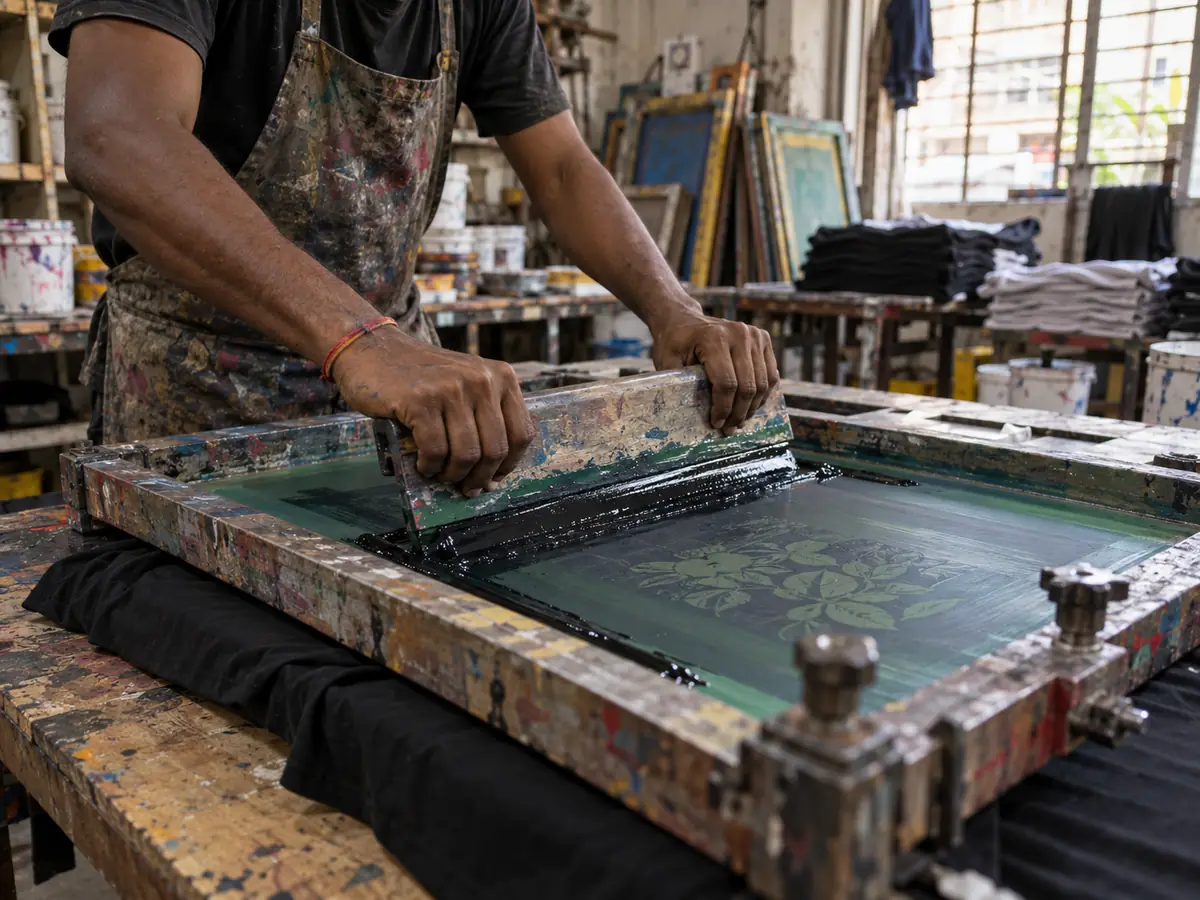 Printer pulling a squeegee across a mesh screen to screen print a leaf design on a black T-shirt