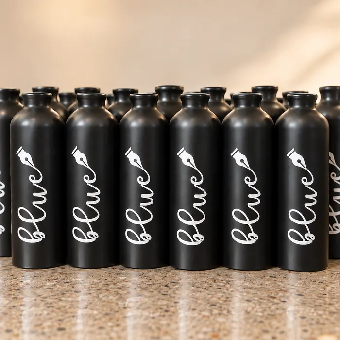 Rows of matte black bottles round printed in white with the word blue