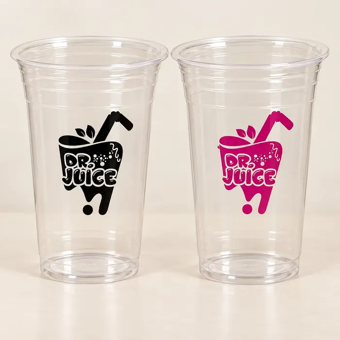 Two clear plastic cups round printed with the Dr Juice logo in black and pink
