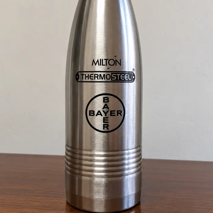 Stainless steel flask round printed with Milton Thermosteel and Bayer logos
