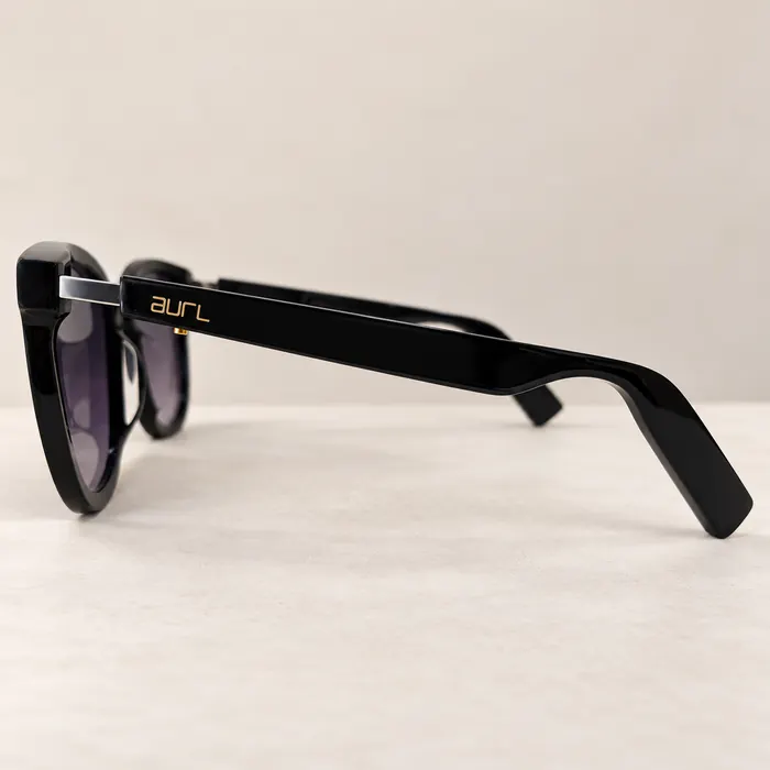 Black sunglasses with the brand name pad printed in gold on the arm