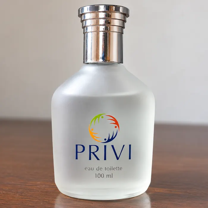 Frosted glass perfume bottle screen printed with the multicolour Privi logo