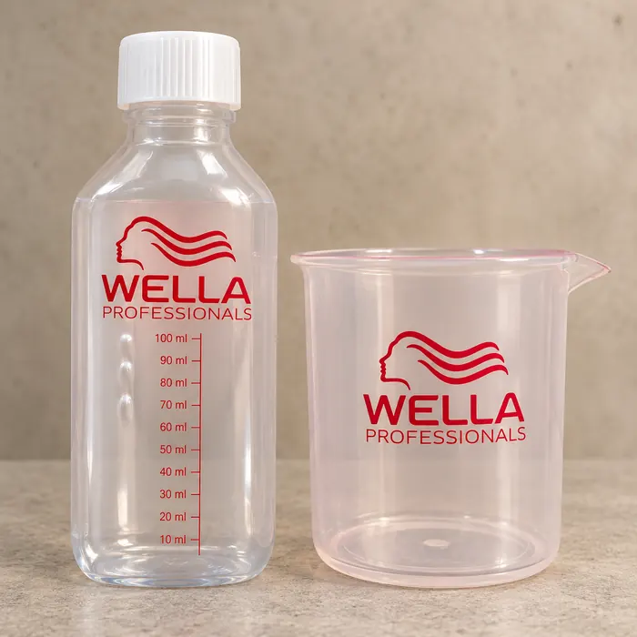 Clear plastic measuring bottle and pink mixing cup round printed with the Wella Professionals logo in red