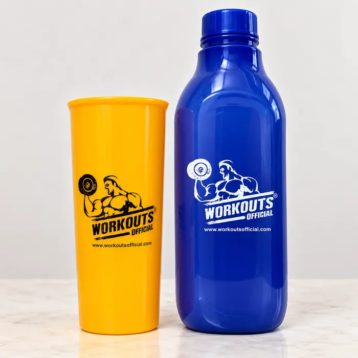Blue plastic bottle and yellow tumbler round printed with the Workouts logo