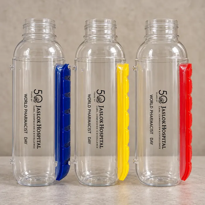 Three clear plastic bottles with blue, yellow and red pill organisers, round printed for Jaslok Hospital’s World Pharmacist Day