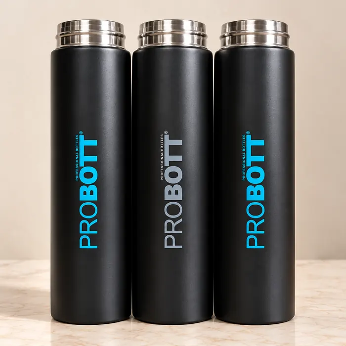 Three matte black steel bottles round printed with the Probott logo