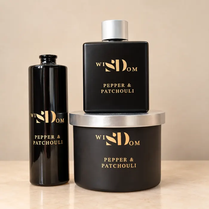 Black fragrance bottles and candle jar printed in gold with Wisdom branding