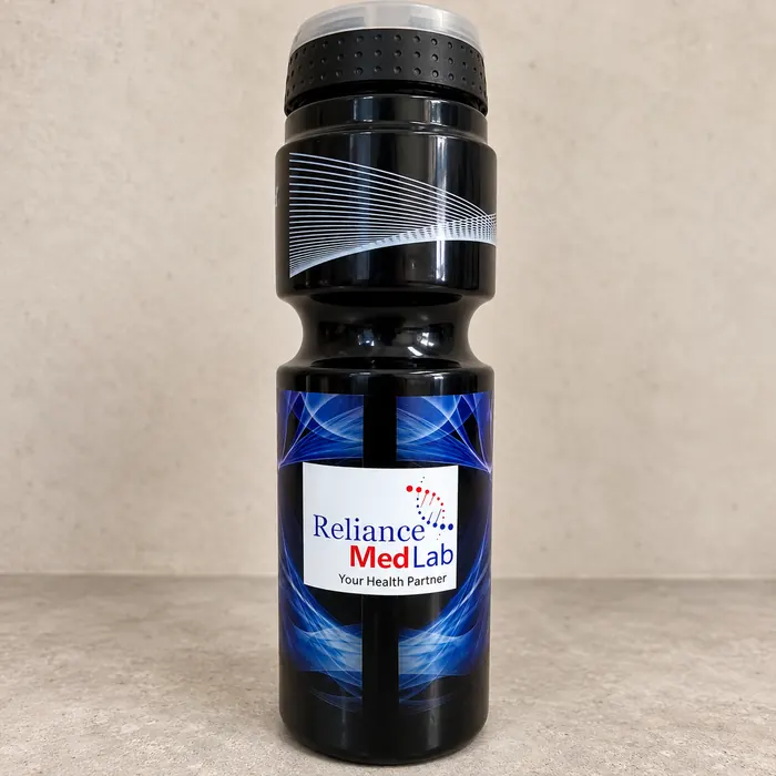 Black plastic sports bottle round printed with a blue wave design and the Reliance MedLab logo