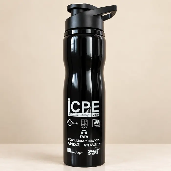 Black steel sipper bottle round printed with conference sponsor logos