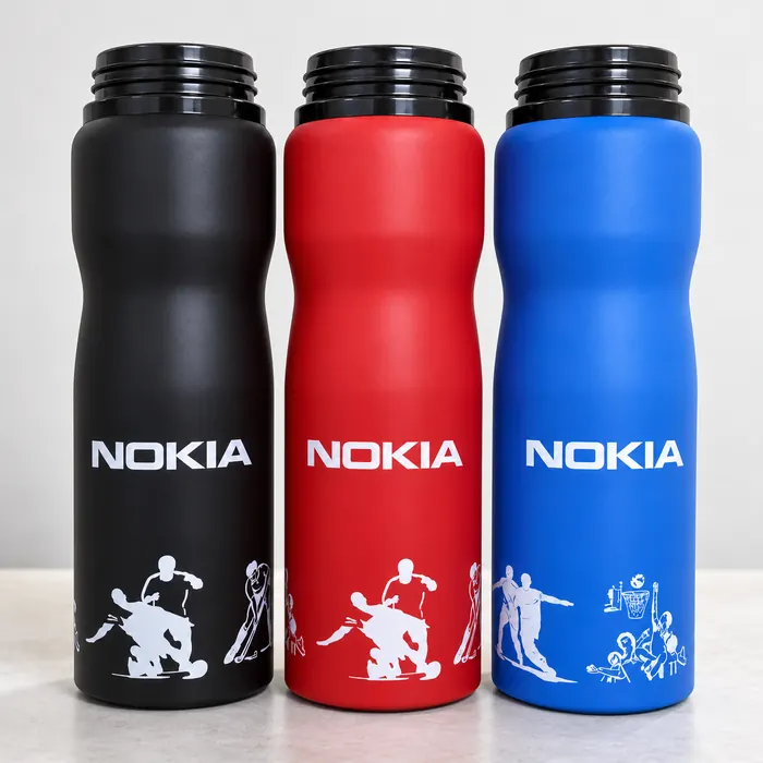 Black, red and blue steel sports bottles round printed with the Nokia logo
