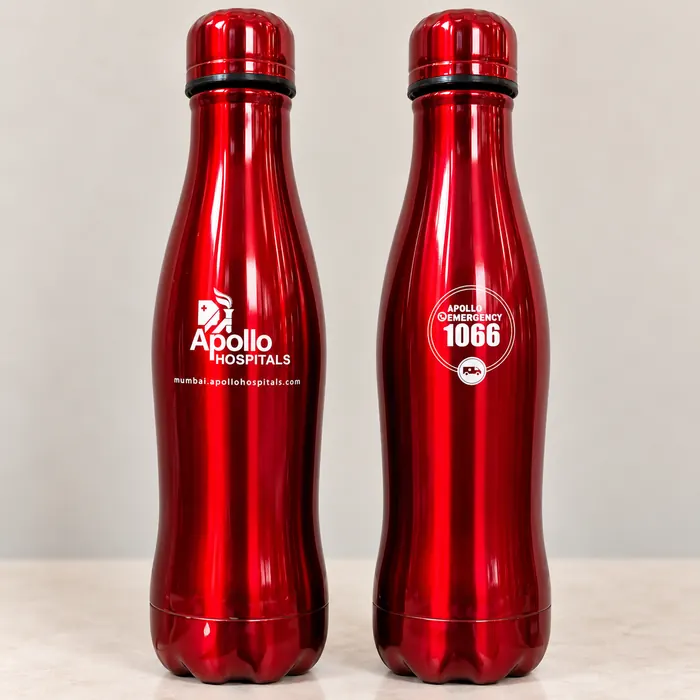 Two glossy red steel bottles round printed with Apollo Hospitals branding
