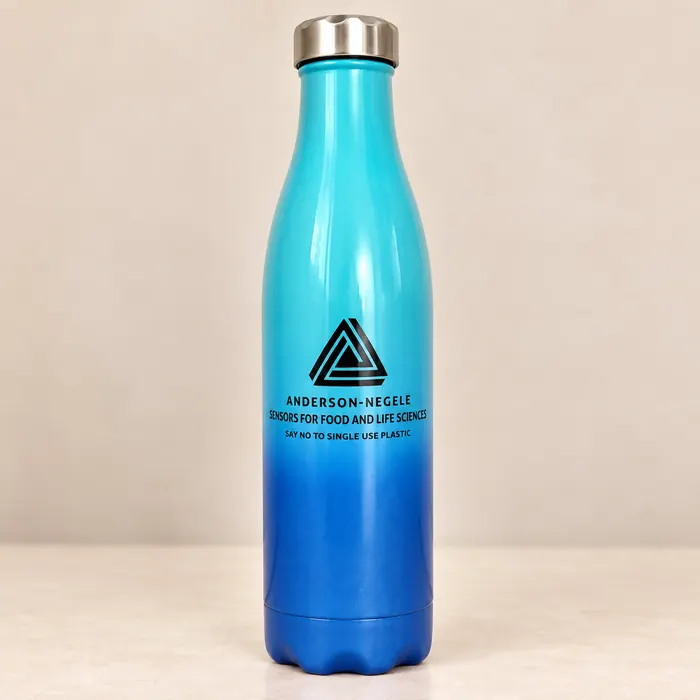 Turquoise to blue insulated bottle round printed with the Anderson-Negele logo